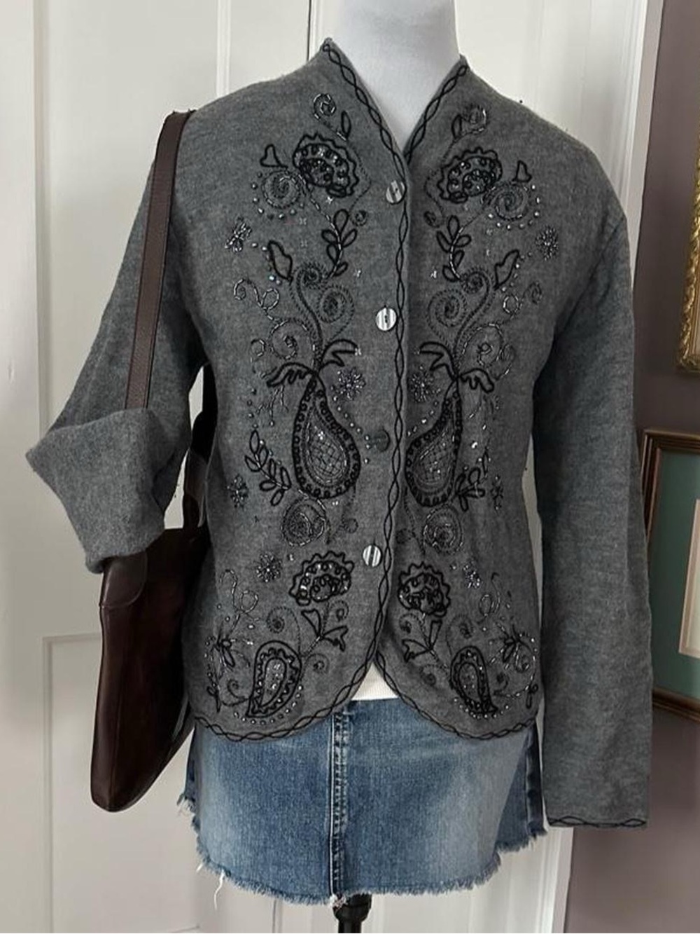 Talbot's grey beaded button-up merino wool cardigan